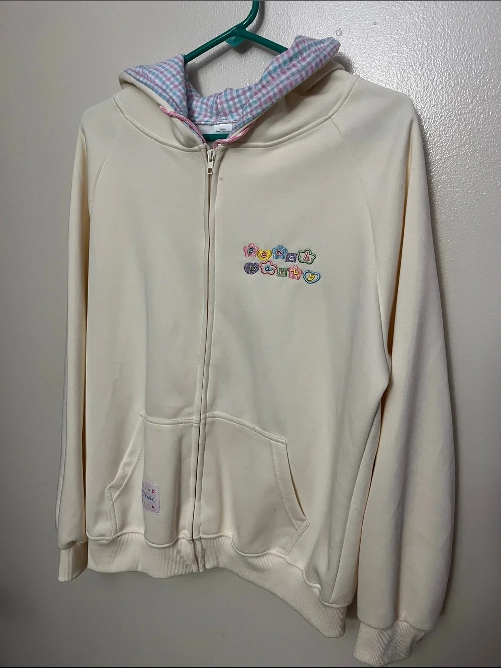 Kids Cream Zip-Up Hoodie with Pastel Embroidery